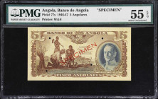 ANGOLA. Banco de Angola. 5 Angolares, 1.1.1947. P-77s. Specimen. PMG About Uncirculated 55 EPQ.
A nice specimen of this popular type from Angola. Thi...