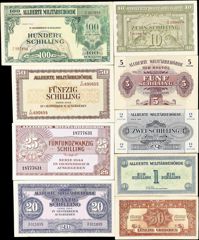 AUSTRIA. Lot of (9). Alliierte Militarbehorde. 50 Groschen to 50 Schilling, 1944...