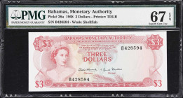 BAHAMAS. Bahamas Monetary Authority. 3 Dollars, 1968. P-28a. PMG Superb Gem Uncirculated 67 EPQ.

Estimate: $100.00 - $200.00