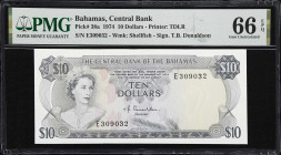 BAHAMAS. Central Bank of the Bahamas. 10 Dollars, 1974. P-38a. PMG Gem Uncirculated 66 EPQ.
An attractive Gem Uncirculated example of this popular ty...