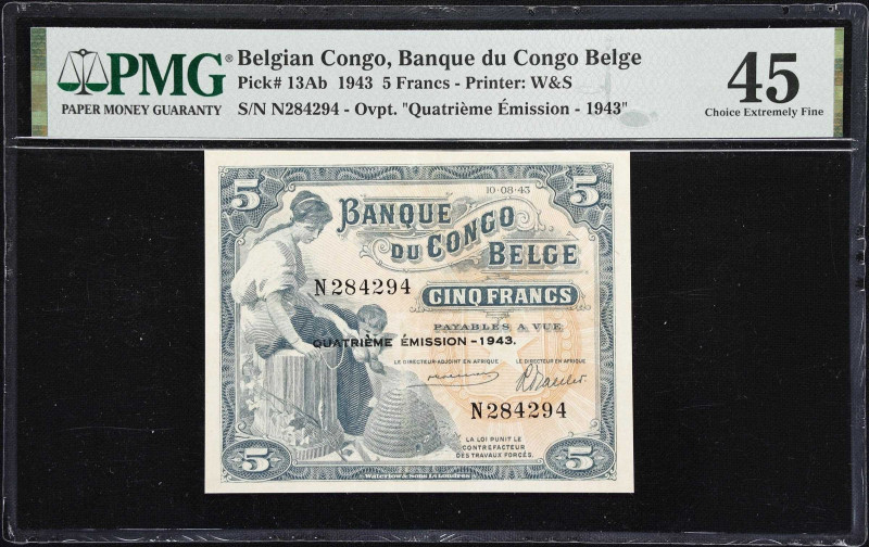 BELGIAN CONGO. Banque du Congo Belge. 5 Francs, 1943. P-13Ab. PMG Choice Extreme...