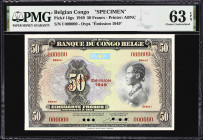 BELGIAN CONGO. Banque du Congo Belge. 50 Francs, 1949. P-16gs. Specimen. PMG Choice Uncirculated 63 EPQ.

Estimate: $400.00 - $800.00