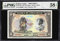 BELGIAN CONGO. Banque du Congo Belge. 50 Francs, 1951. P-16is. Specimen. PMG Choice About Uncirculated 58 EPQ.

Estimate: $400.00 - $800.00