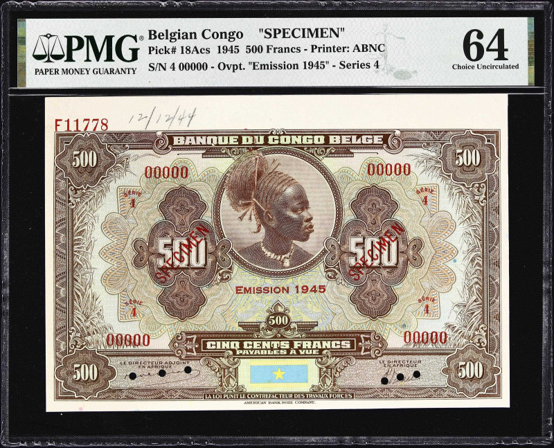 BELGIAN CONGO. Banque du Congo Belge. 500 Francs, 1945. P-18Acs. Specimen. PMG C...