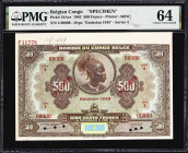 BELGIAN CONGO. Banque du Congo Belge. 500 Francs, 1945. P-18Acs. Specimen. PMG Choice Uncirculated 64.
An attractive specimen from the American Bank ...