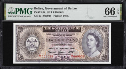 BELIZE. Government of Belize. 2 Dollars, 1.1.1974. P-34a. PMG Gem Uncirculated 66 EPQ.

Estimate: $150.00 - $200.00