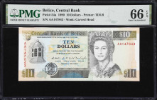 BELIZE. Lot of (3). Central Bank of Belize. 10 & 20 Dollars, 1990 & 2007. P-54a & 69c. PMG Gem Uncirculated 65 EPQ & Gem Uncirculated 66 EPQ.
P-69c i...