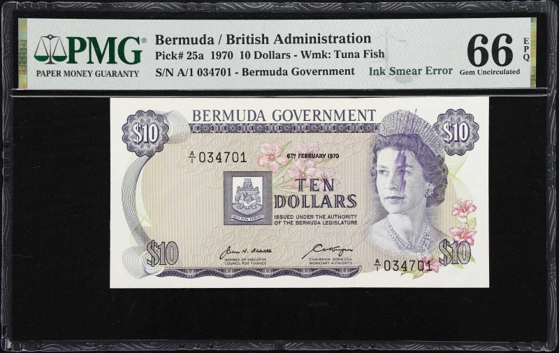 BERMUDA. Bermuda Government. 10 Dollars, 6.2.1970. P-25a. Ink Smear Error. PMG G...