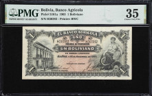 BOLIVIA. Banco Agricola. 1 Boliviano, 22.11.1903. P-S101a. PMG Choice Very Fine 35.
An attractive private bank issue from Bolivia with fresh color an...