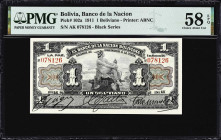 BOLIVIA. Lot of (2). Banco de la Nacion Boliviana. 1 Boliviano, 11.5.1911. P-102a & 103. PMG About Uncirculated 55 & Choice About Uncirculated 58 EPQ....