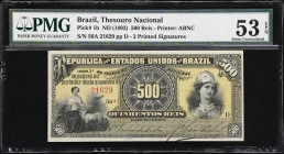 BRAZIL. Thesouro Nacional. 500 Reis, ND (1893). P-1b. PMG About Uncirculated 53 EPQ.

Estimate: $100.00 - $200.00