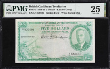 BRITISH CARIBBEAN TERRITORIES. Currency Board of the British Caribbean Territories. 5 Dollars, 28.11.1950. P-3. PMG Very Fine 25.
Printed by BWC. Nov...