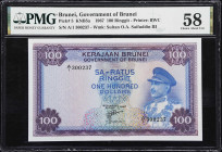 BRUNEI. Government of Brunei. 100 Ringgit, 1967. P-5. KNB5a. First Prefix. PMG Choice About Uncirculated 58.
The important first date and prefix is s...