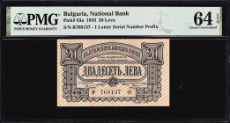 BULGARIA. B'lgarska Narodna Banka. 20 Leva, 1943. P-63a. PMG Choice Uncirculated 64 EPQ.

Estimate: $100.00 - $200.00