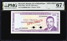 BURUNDI. Banque de la Republique du Burundi. 100 Francs, 1.7.1977. P-29as. Specimen. PMG Superb Gem Uncirculated 67 EPQ.

Estimate: $75.00 - $150.00