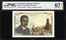 CAMEROON. Banque Centrale - Republique Federale du Cameroun. 100 Francs, ND (1962). P-10. PMG Superb Gem Uncirculated 67 EPQ.

Estimate: $200.00 - $...