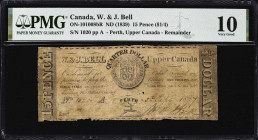 CANADA. W. & J. Bell. 15 Pence (1/4 Dollar), ND (1839). CH #ON-10-10-08bR. Remainder. PMG Very Good 10.
Rare.

Estimate: $100.00 - $150.00