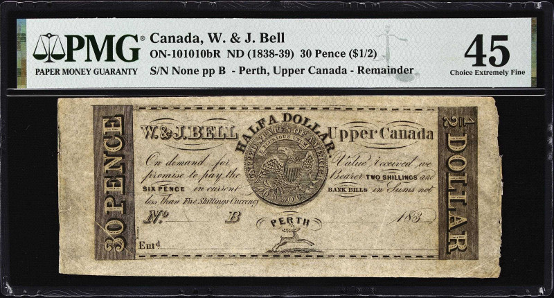 CANADA. W. & J. Bell. 30 Pence (1/2 Dollar), ND (1838-39). CH #ON-10-10-10bR. Re...