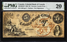 CANADA. Colonial Bank of Canada. 5 Dollars, 29.6.1859. CH #130-10-02-10. PMG Very Fine 20.
PMG Comments "Previously Mounted."

Estimate: $150.00 - ...