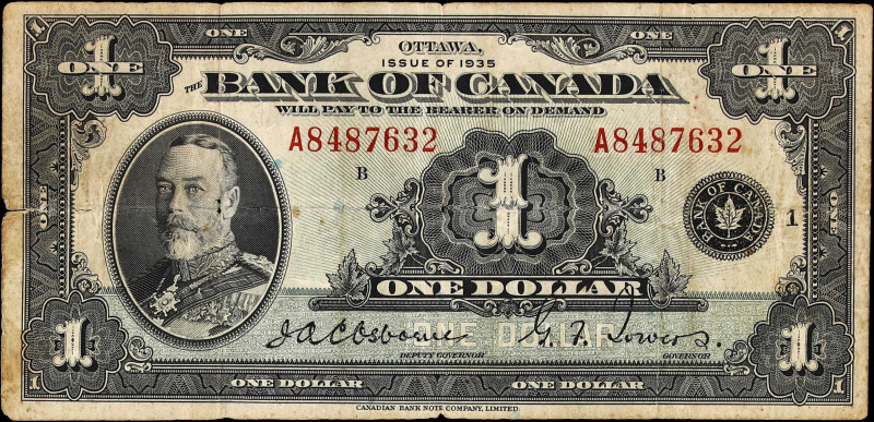 CANADA. Bank of Canada. 1 Dollar, 1935. BC-1. English Text. Very Good.

Estima...
