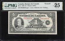 CANADA. Banque du Canada. 1 Dollar, 1935. BC-2. French Text. PMG Very Fine 25.
Osborne-Towers signature combination.

Estimate: $75.00 - $125.00
