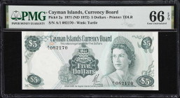 CAYMAN ISLANDS. Cayman Islands Currency Board. 5 Dollars, 1971 (ND 1972). P-2a. PMG Gem Uncirculated 66 EPQ.

Estimate: $150.00 - $200.00