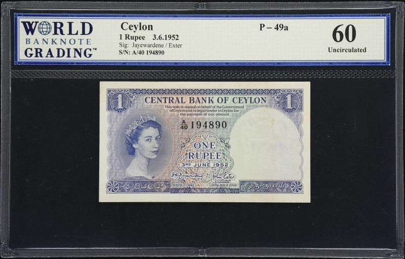 CEYLON. Central Bank of Ceylon. 1 Rupee, 3.6.1952. P-49a. WBG Uncirculated 60.
...