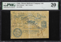 CHILE. Nitrate Railways Company Limited. 5 Pesos, 1.5.1891. P-Unlisted. PMG Very Fine 20.
PMG comments "Stamp Cancelled, PVC".

Estimate: $100.00 -...