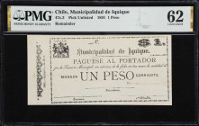 CHILE. Municipalidad de Inquique. 1 Peso, 1.6.1891. P-Unlisted. Remainder. PMG Uncirculated 62.
PMG Comments "Stains."

Estimate: $75.00 - $150.00