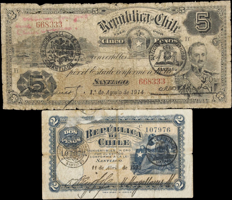 CHILE. Lot of (2). Direccion del Tesoro. 2 & 5 Pesos, 1914-23. P-19b & 59b. Good...