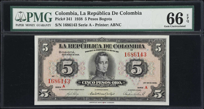 COLOMBIA. Republica de Colombia. 5 Pesos, 22.3.1938. P-341. PMG Gem Uncirculated...