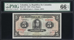 COLOMBIA. Republica de Colombia. 5 Pesos, 22.3.1938. P-341. PMG Gem Uncirculated 66 EPQ.
An ever popular type from Colombia. Although this type is fa...