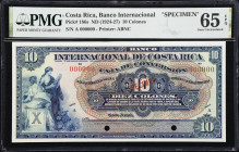 COSTA RICA. Banco Internacional de Costa Rica. 10 Colones, ND (1924-27). P-186s. Specimen. PMG Gem Uncirculated 65 EPQ.
An attractive specimen from t...