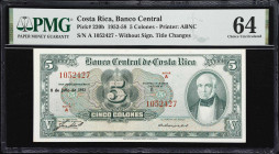 COSTA RICA. Banco Central de Costa Rica. 5 Colones, 8.7.1953. P-220b. PMG Choice Uncirculated 64.

Estimate: $300.00 - $500.00