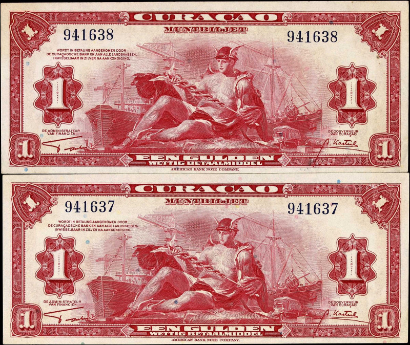CURACAO. Lot of (2). Government. 1 Gulden, 1942. P-35a. Consecutive. About Uncir...