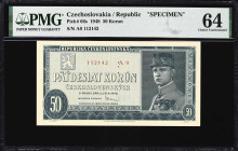 CZECHOSLOVAKIA. Republika Ceskoslovenska. 50 Korun, 1948. P-66s. Specimen. PMG Choice Uncirculated 64.

Estimate: $75.00 - $150.00