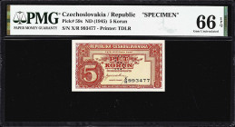 CZECHOSLOVAKIA. Lot of (2). Republika Ceskoslovenska. 5 Korun, ND (1945) & 1949. P-59s & 68s. Specimens. PMG Choice Uncirculated 64 EPQ & Gem Uncircul...