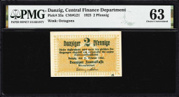 DANZIG. Danziger Zentralkasse. 2 Pfennig, 22.10.1923. P-33a. CM#G21. PMG Choice Uncirculated 63.
A nice choice uncirculated example of this scarce no...
