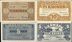 DENMARK. Lot of (4). Danmarks Nationalbank. 5 & 10 Kroner, 1943-44. P-30j, 31p, 35a & 36a. Very Fine to About Uncirculated.
From the Al Kugel Collect...