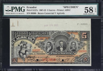 ECUADOR. Banco Comercial y Agricola. 5 Sucres, 15.7.1917. P-S127s. Specimen. PMG Choice About Uncirculated 58 EPQ.
PMG Comments "Body of Note Unaffec...