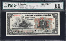 EL SALVADOR. Banco Salvadoreno. 2 Colones, 1.6.1920. P-S212s. Specimen. PMG Gem Uncirculated 66 EPQ.

Estimate: $400.00 - $800.00