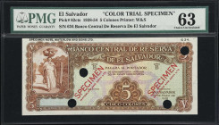 EL SALVADOR. Banco Central de Reserva de El Salvador. 5 Colones, 10.5.1938. P-82cts. Color Trial Specimen. PMG Choice Uncirculated 63.
PMG Comments "...