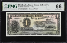 EL SALVADOR. Banco Central de Reserva de El Salvador. 1 Colon, 6.11.1952. P-87. PMG Gem Uncirculated 66 EPQ.

Estimate: $400.00 - $800.00