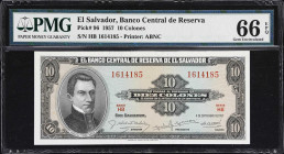 EL SALVADOR. Banco Central de Reserva de El Salvador. 10 Colones, 4.9.1957. P-96. PMG Gem Uncirculated 66 EPQ.

Estimate: $150.00 - $300.00