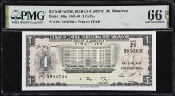 EL SALVADOR. Banco Central de Reserva de El Salvador. 1 Colon, 12.3.1963. P-100a. PMG Gem Uncirculated 66 EPQ.
Pop 2/1 Finer.

Estimate: $200.00 - ...