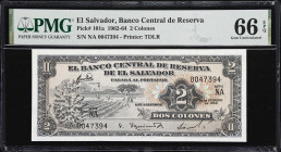 EL SALVADOR. Banco Central de Reserva de El Salvador. 2 Colones, 15.2.1962. P-101a. PMG Gem Uncirculated 66 EPQ.

Estimate: $100.00 - $200.00