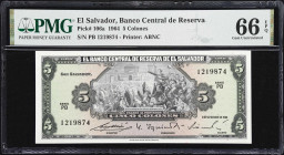 EL SALVADOR. Banco Central de Reserva de El Salvador. 5 Colones, 8.9.1964. P-106a. PMG Gem Uncirculated 66 EPQ.

Estimate: $100.00 - $200.00