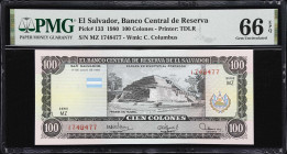 EL SALVADOR. Banco Central de Reserva de El Salvador. 100 Colones, 17.7.1980. P-133. PMG Gem Uncirculated 66 EPQ.

Estimate: $100.00 - $200.00