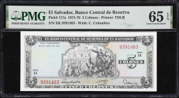 EL SALVADOR. Lot of (3). Banco Central de Reserva de El Salvador. 1 & 5 Colones, 1976-1980. P-117a, 125a & 125b. PMG Gem Uncirculated 65 EPQ & Gem Unc...