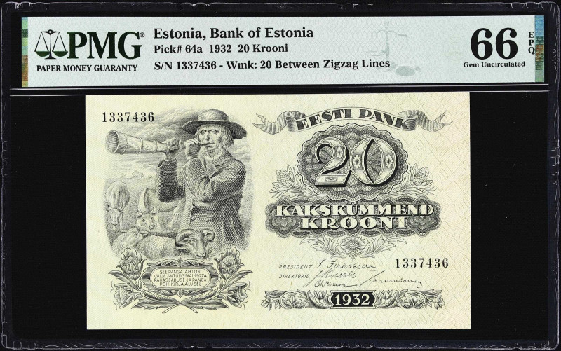 ESTONIA. Lot of (2). Bank of Estonia. 20 Krooni, 1932. P-64a. Consecutive. PMG G...